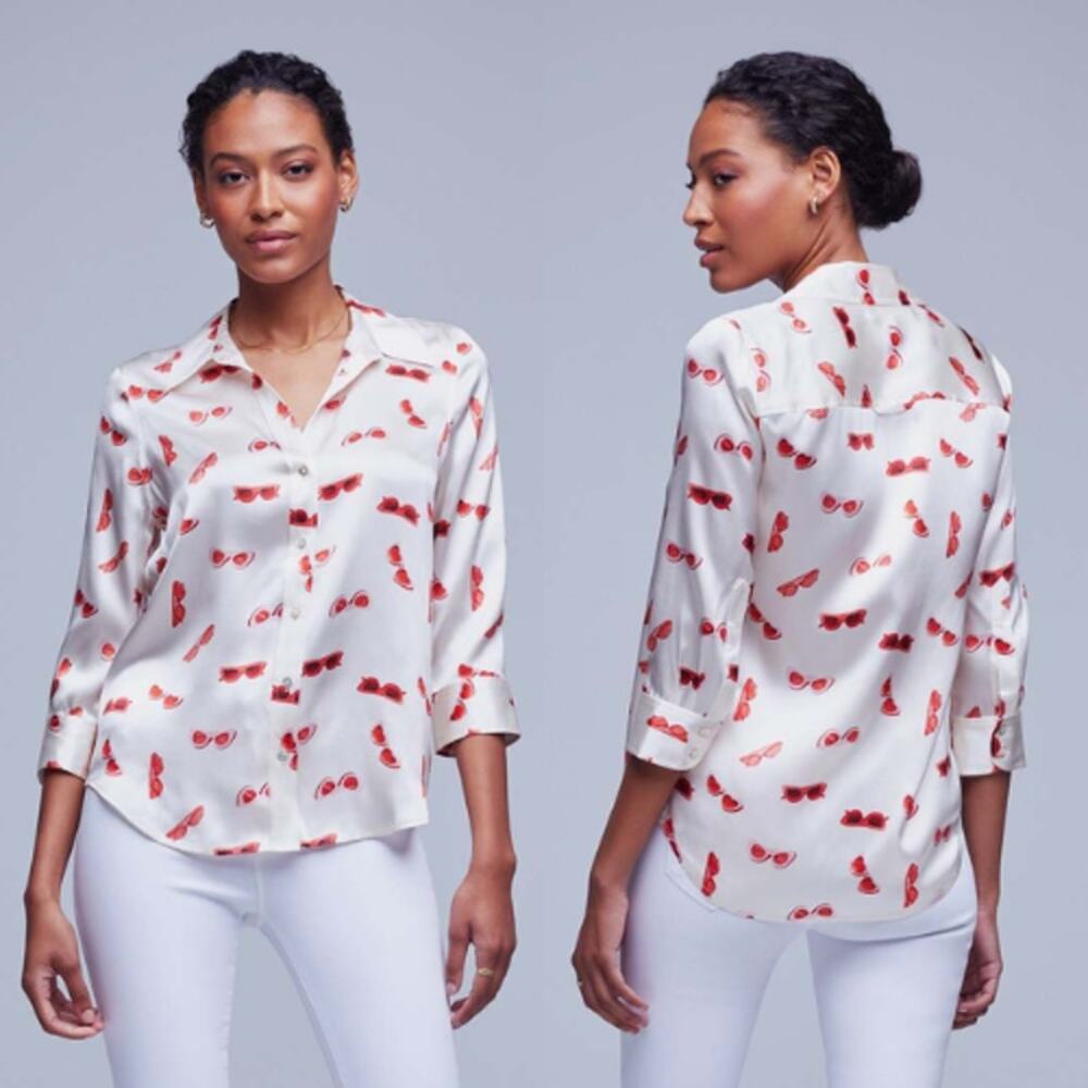 NWT L'Agence Vintage White Multi Heart Sunglasses Blouse White Red Size: Medium
